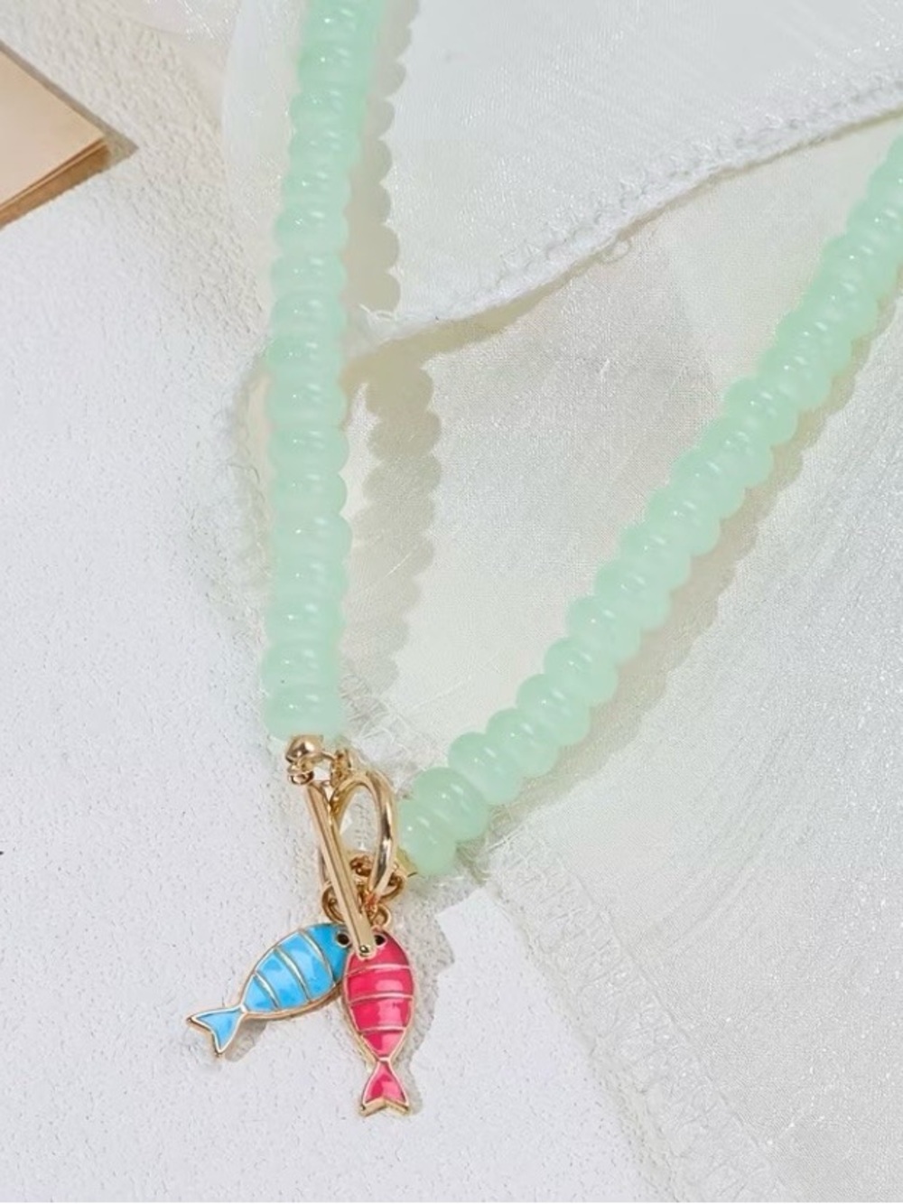 NEW! Beaded Mint Green Toggle Necklace with Enamel Fish Charms ๐ A2-55 - Picture 3 of 6